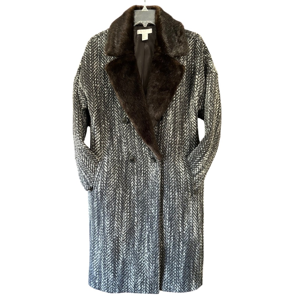 H&M Womens Herringbone Wool Blend Coat Faux Fur Collar Lined Black White Grey 6